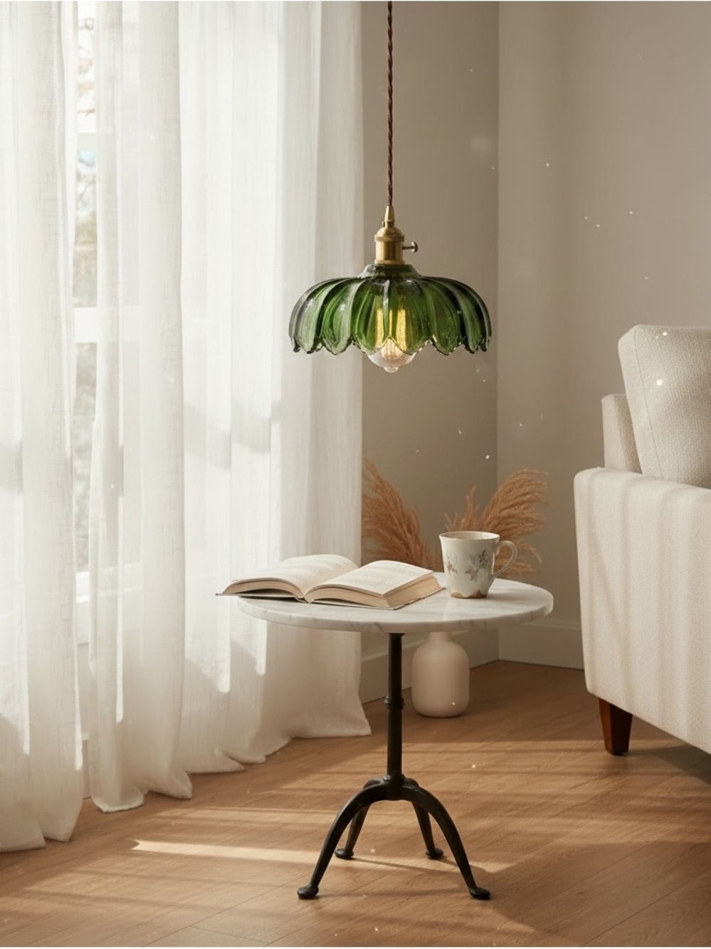 NEW West Elm Vintage Green Retro Glass Hanging Gold Floral Pendant Light Fixture - Picture 7 of 12